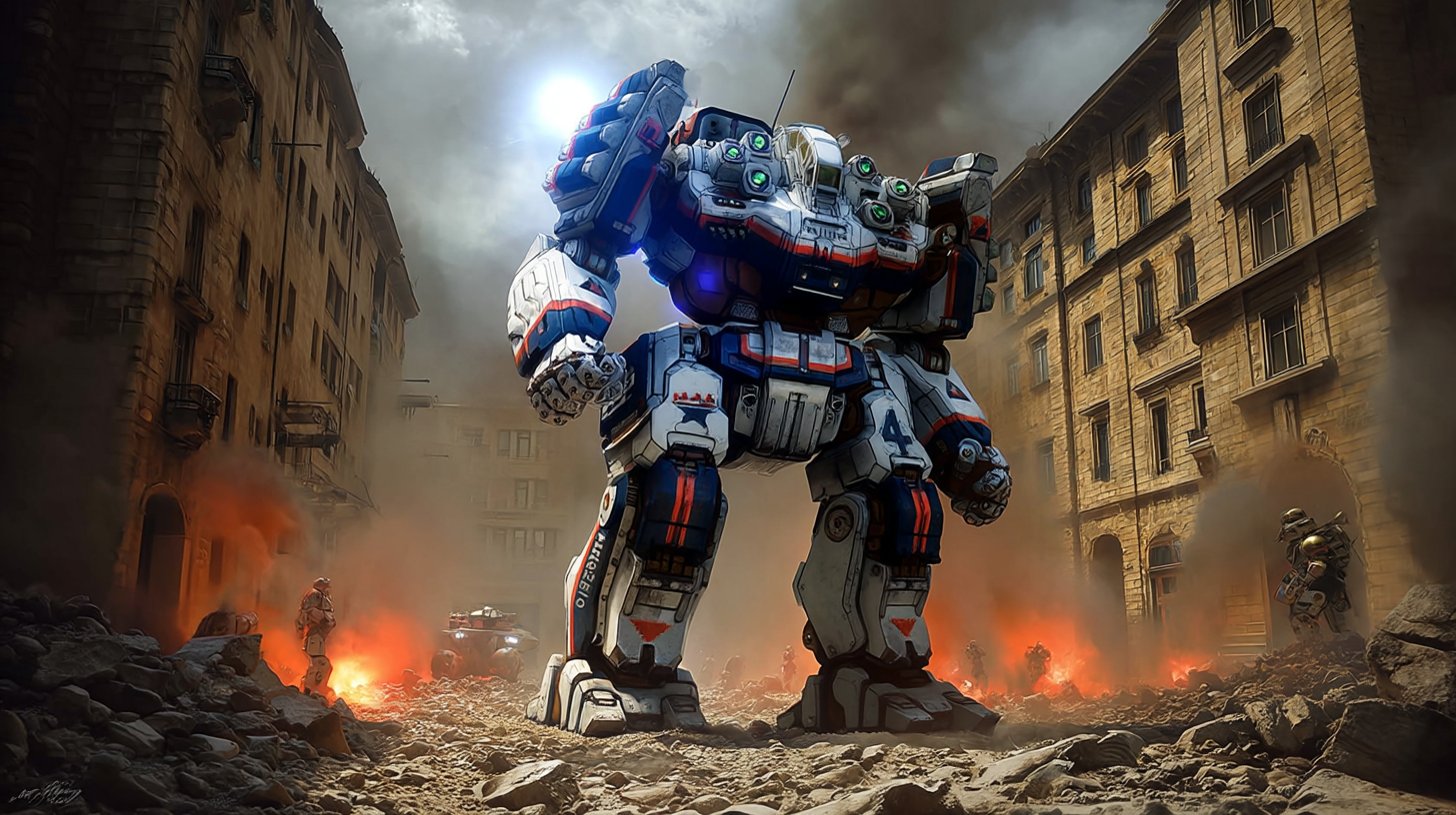 Battlemaster in destroyed cityscape