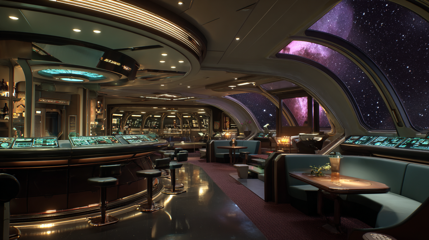 Ten Forward lounge during night shift with starfield view