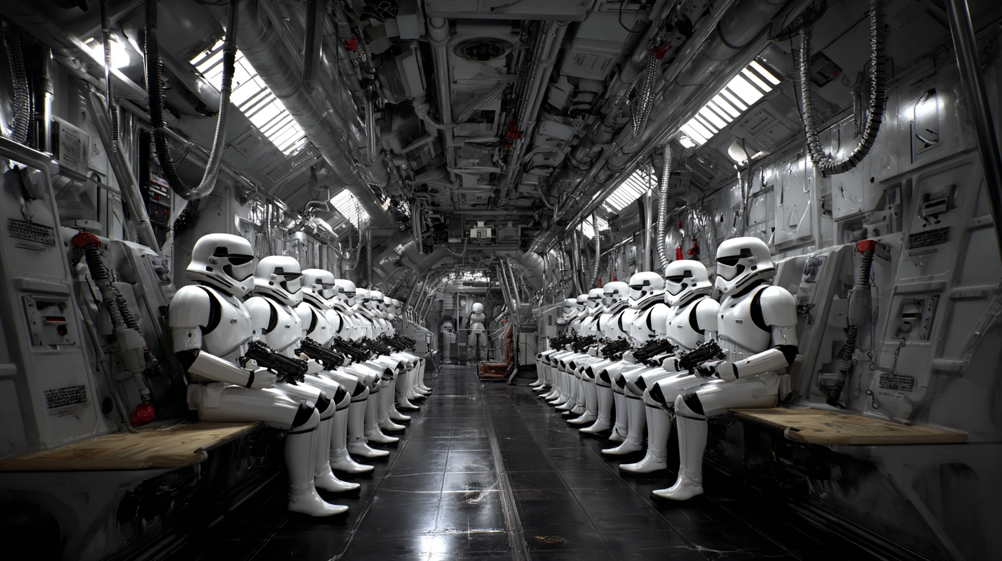 Stormtroopers seated in formation inside AT-AT troop compartment