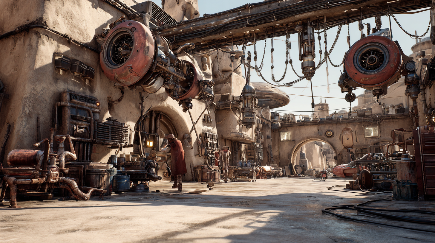 Alien mechanics working on podracer engines in Mos Espa garage